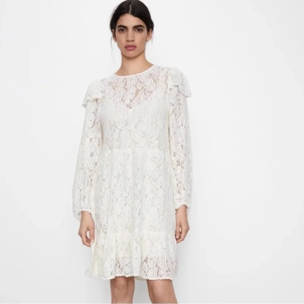 Zara Ivory Floral Lace Mini Dress Balloon Sleeve Ruffle Boho Wedding Guest M - Picture 3 of 16